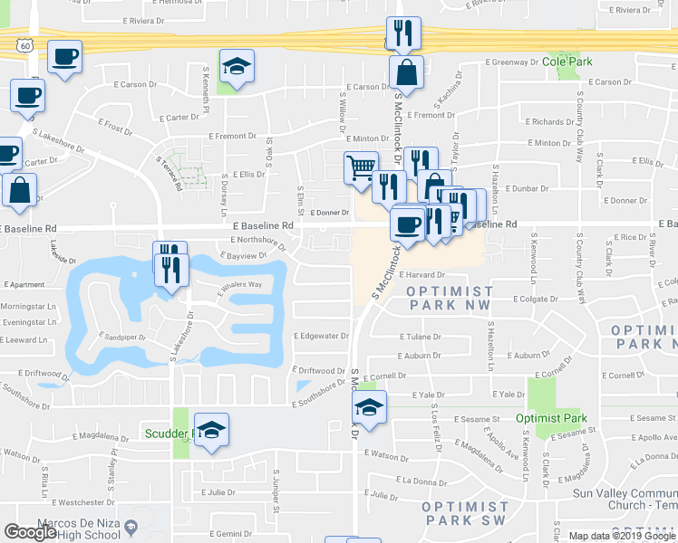 map of restaurants, bars, coffee shops, grocery stores, and more near 1621 East Northshore Drive in Tempe