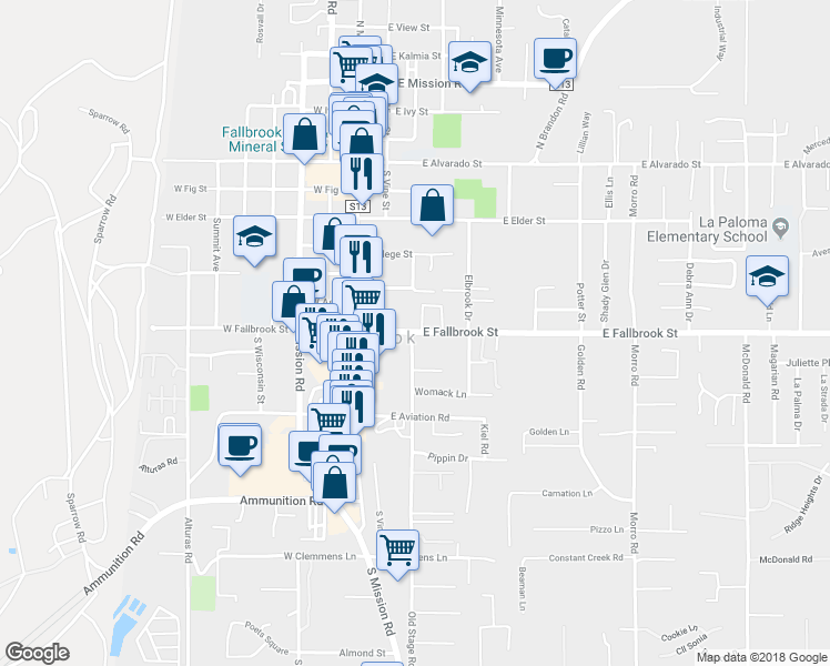 map of restaurants, bars, coffee shops, grocery stores, and more near 305 East Fallbrook Street in Fallbrook