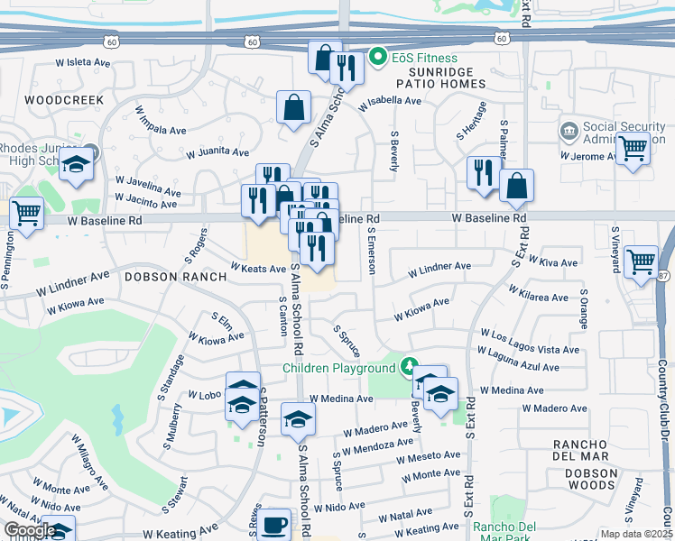 map of restaurants, bars, coffee shops, grocery stores, and more near 1055 West Baseline Road in Mesa