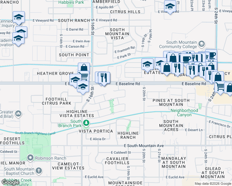 map of restaurants, bars, coffee shops, grocery stores, and more near 1815 East Valencia Drive in Phoenix