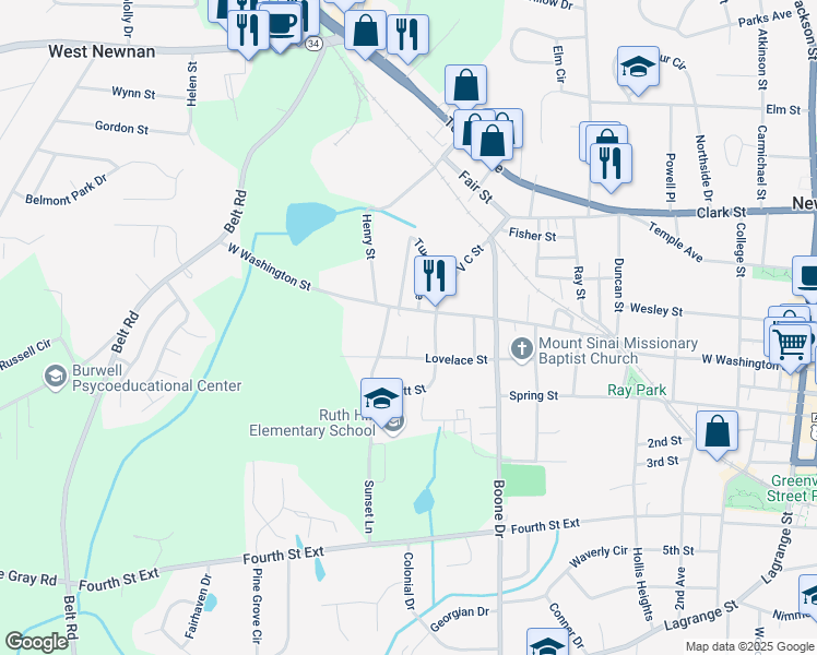 map of restaurants, bars, coffee shops, grocery stores, and more near 9 Center Court in Newnan
