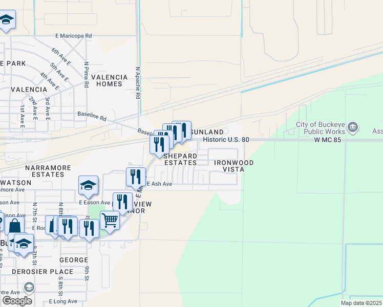 map of restaurants, bars, coffee shops, grocery stores, and more near 1412 East Ironwood Drive in Buckeye