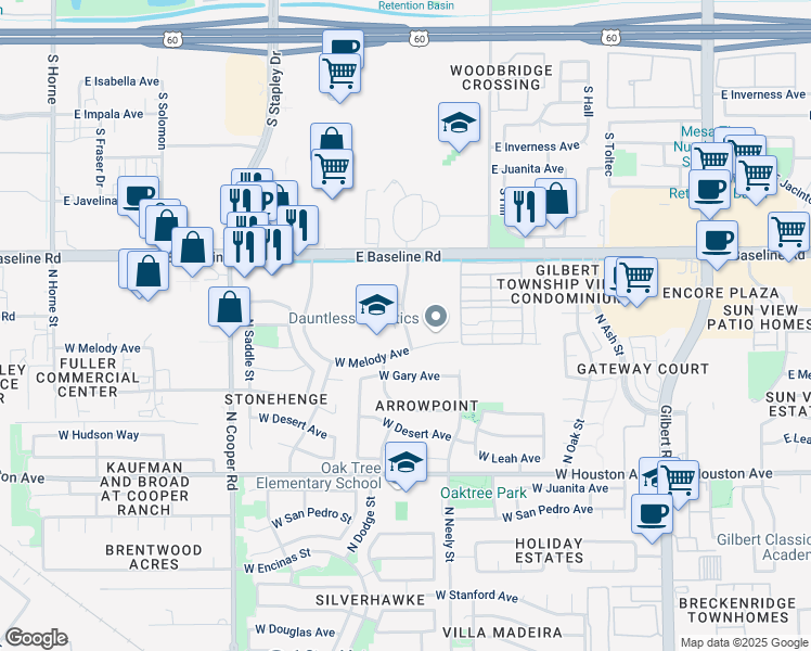map of restaurants, bars, coffee shops, grocery stores, and more near 1501 North Monterey Street in Gilbert