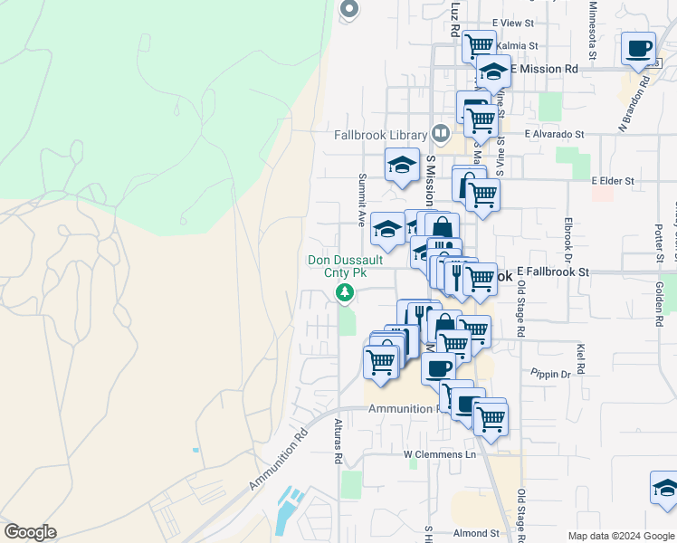 map of restaurants, bars, coffee shops, grocery stores, and more near 713 Alturas Road in Fallbrook