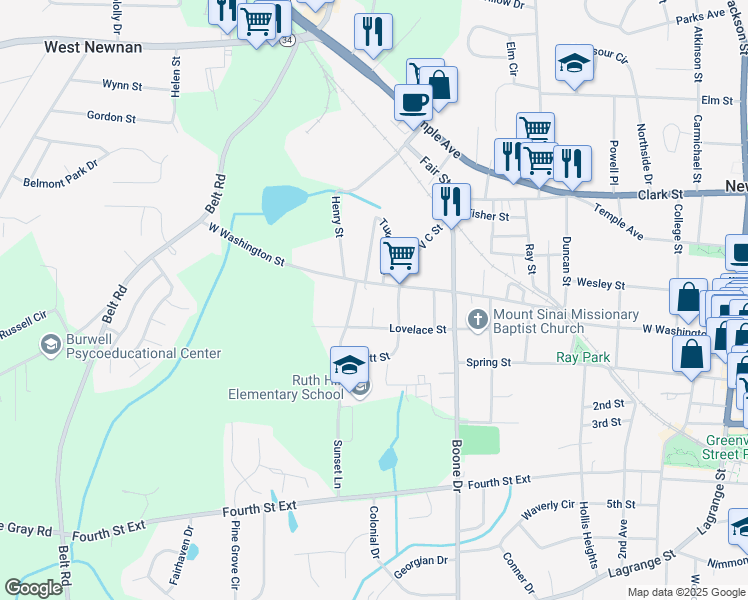 map of restaurants, bars, coffee shops, grocery stores, and more near 9 Center Court in Newnan