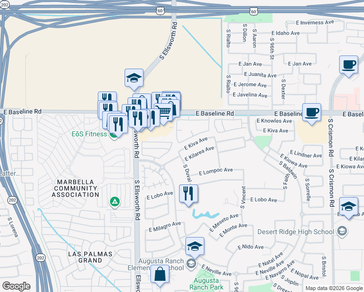map of restaurants, bars, coffee shops, grocery stores, and more near 9421 East Kiva Avenue in Mesa