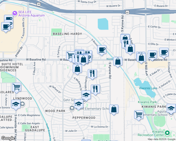 map of restaurants, bars, coffee shops, grocery stores, and more near 5305 South Mitchell Drive in Tempe