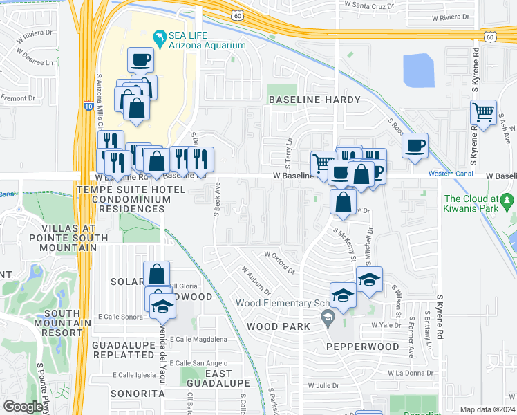 map of restaurants, bars, coffee shops, grocery stores, and more near in Tempe