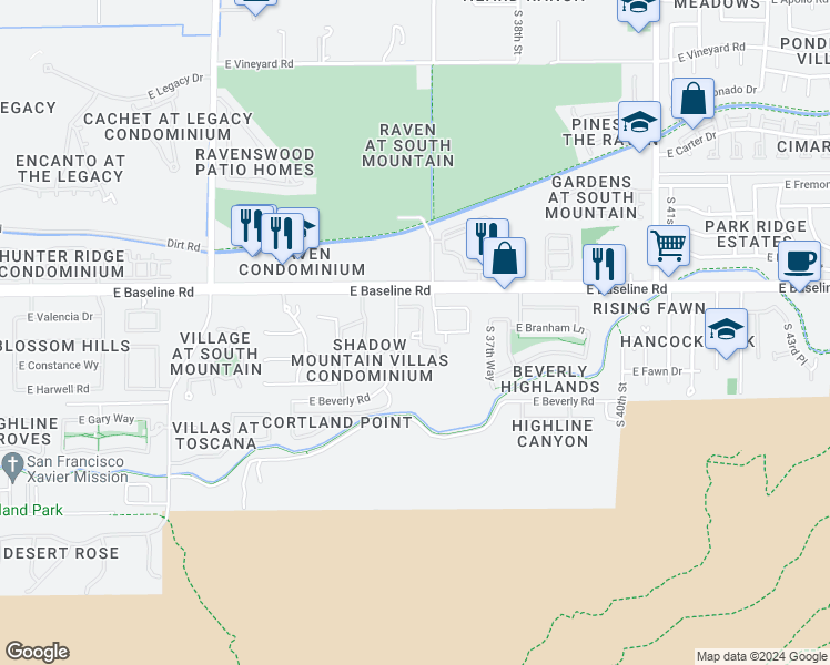 map of restaurants, bars, coffee shops, grocery stores, and more near 7611 South 36th Street in Phoenix