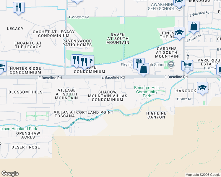 map of restaurants, bars, coffee shops, grocery stores, and more near 3511 East Baseline Road in Phoenix
