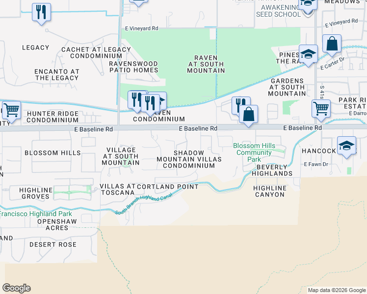 map of restaurants, bars, coffee shops, grocery stores, and more near 3511 East Baseline Road in Phoenix
