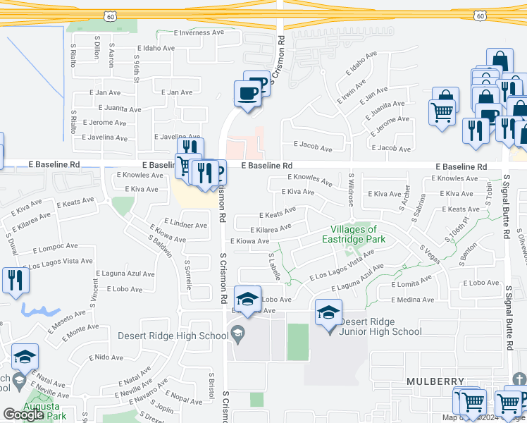 map of restaurants, bars, coffee shops, grocery stores, and more near 10112 East Keats Avenue in Mesa