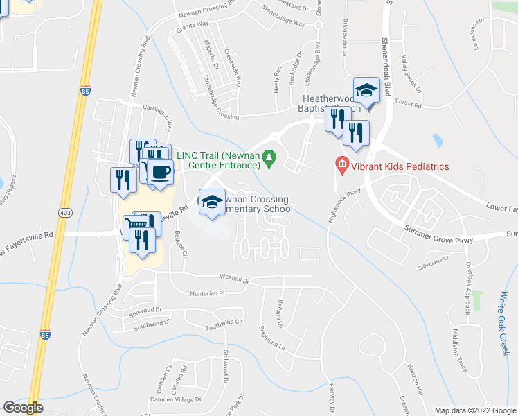 map of restaurants, bars, coffee shops, grocery stores, and more near 101 Macalester Drive in Newnan