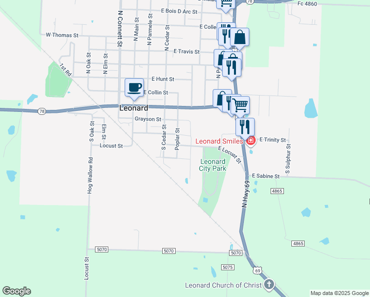 map of restaurants, bars, coffee shops, grocery stores, and more near 405 E Locust St in Leonard