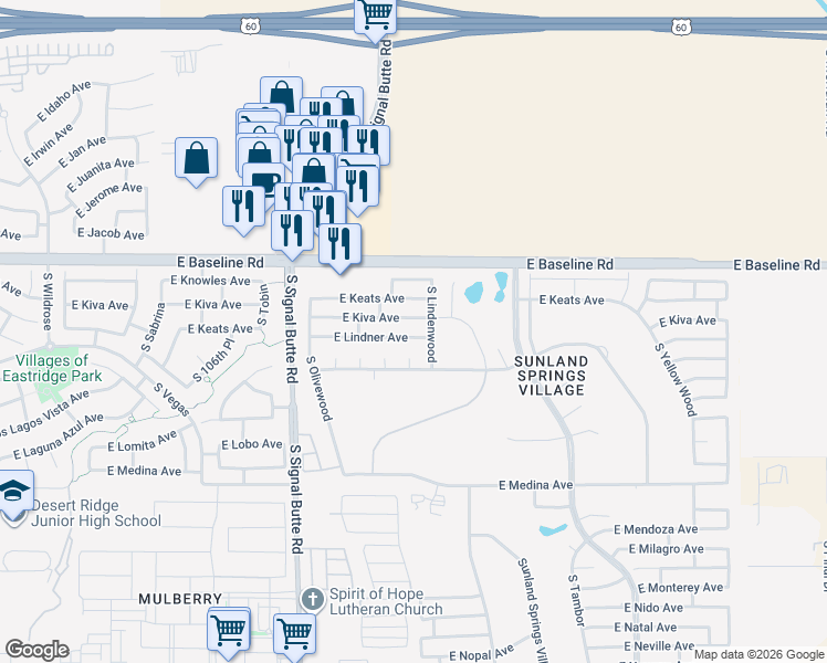 map of restaurants, bars, coffee shops, grocery stores, and more near 11010 East Lindner Avenue in Mesa