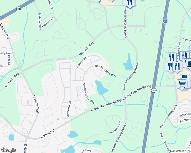 map of restaurants, bars, coffee shops, grocery stores, and more near 91 Covington Terrace in Newnan