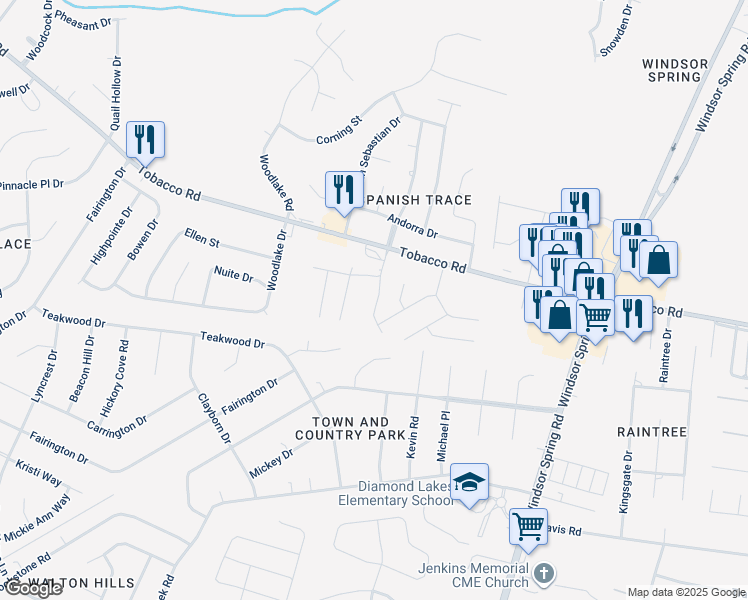 map of restaurants, bars, coffee shops, grocery stores, and more near 2590 Tobacco Road in Hephzibah
