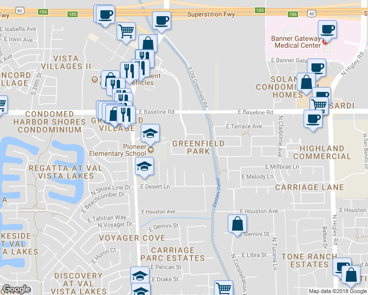 map of restaurants, bars, coffee shops, grocery stores, and more near 2579 East Michelle Way in Gilbert