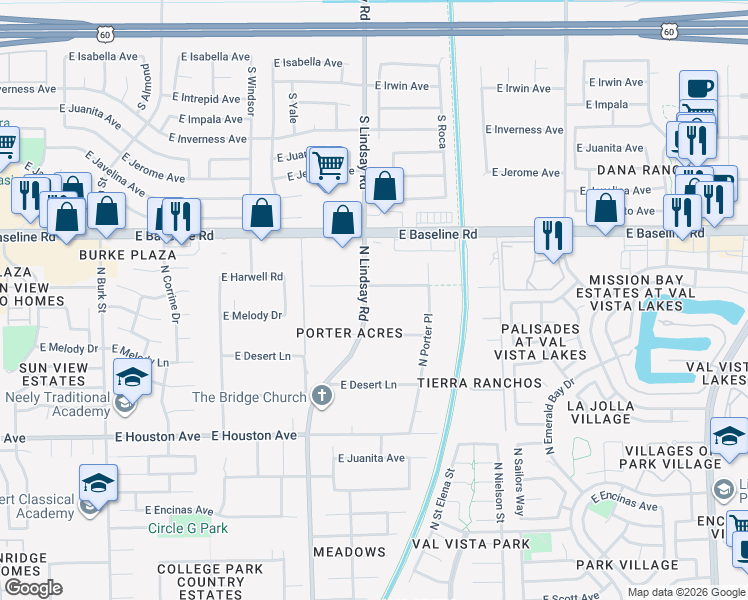 map of restaurants, bars, coffee shops, grocery stores, and more near 901 East Harwell Road in Gilbert