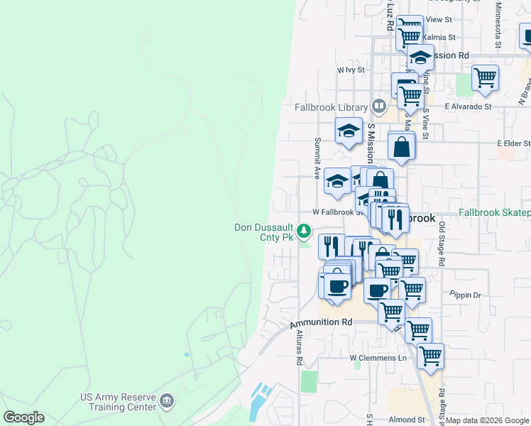 map of restaurants, bars, coffee shops, grocery stores, and more near 744 West Fallbrook Street in Fallbrook