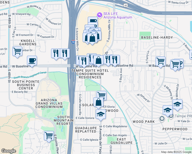 map of restaurants, bars, coffee shops, grocery stores, and more near 5300 South Priest Drive in Guadalupe