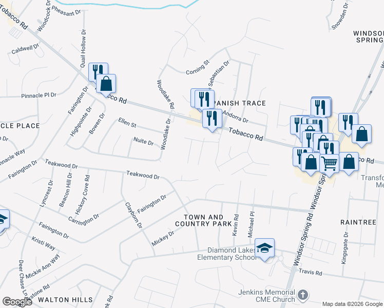 map of restaurants, bars, coffee shops, grocery stores, and more near 3834 Woodlake Court in Hephzibah