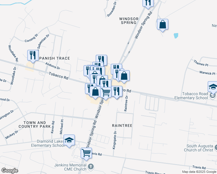 map of restaurants, bars, coffee shops, grocery stores, and more near Windsor Spring Rd & Tobacco Rd in Hephzibah