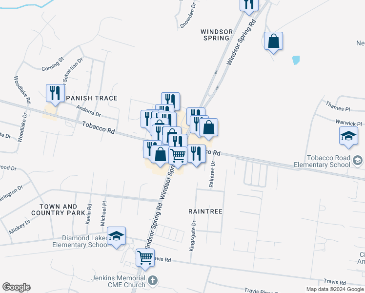 map of restaurants, bars, coffee shops, grocery stores, and more near Windsor Spring Rd & Tobacco Rd in Hephzibah