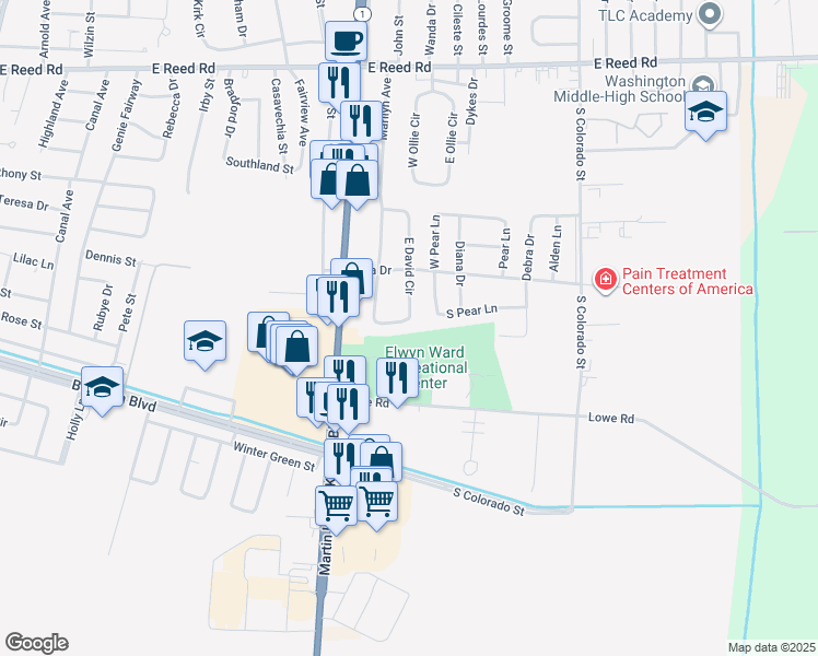 map of restaurants, bars, coffee shops, grocery stores, and more near 1699 South David Circle in Greenville