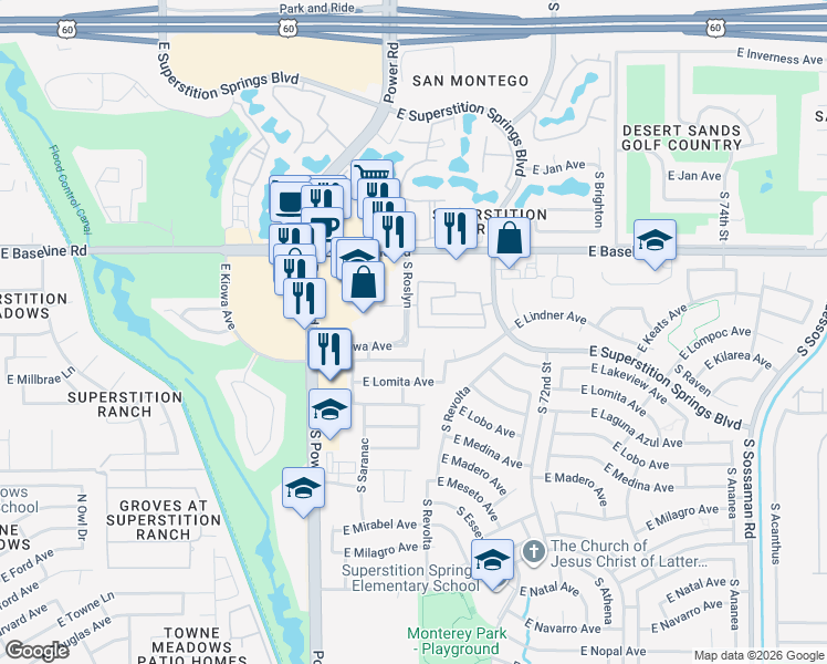 map of restaurants, bars, coffee shops, grocery stores, and more near 2128 South Edgewater in Mesa