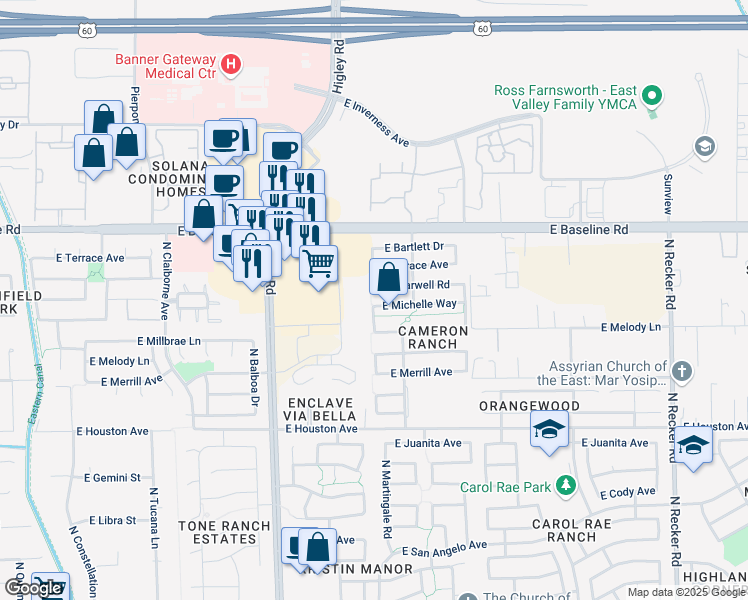 map of restaurants, bars, coffee shops, grocery stores, and more near 3414 East Michelle Way in Gilbert