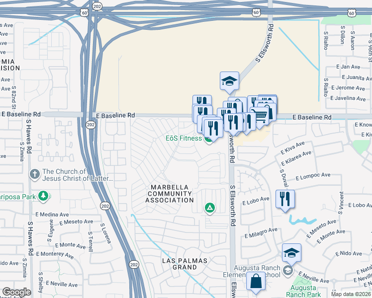 map of restaurants, bars, coffee shops, grocery stores, and more near Monte Vista Drive in Mesa