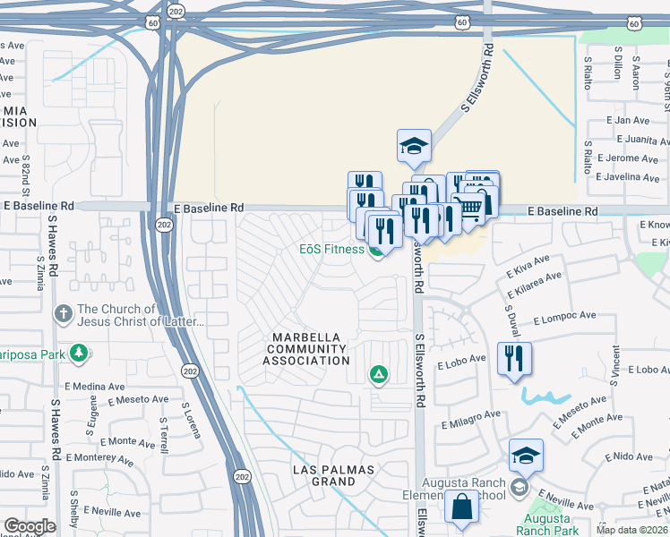 map of restaurants, bars, coffee shops, grocery stores, and more near Monte Vista Drive in Mesa