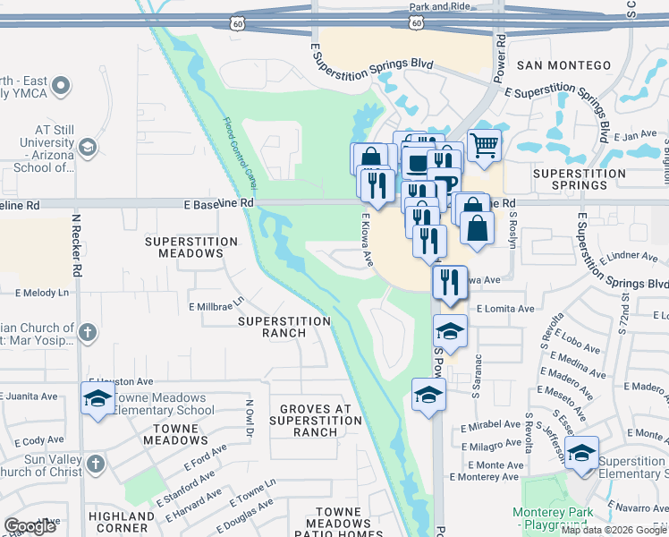 map of restaurants, bars, coffee shops, grocery stores, and more near 4645 E Kelly Dr in Mesa