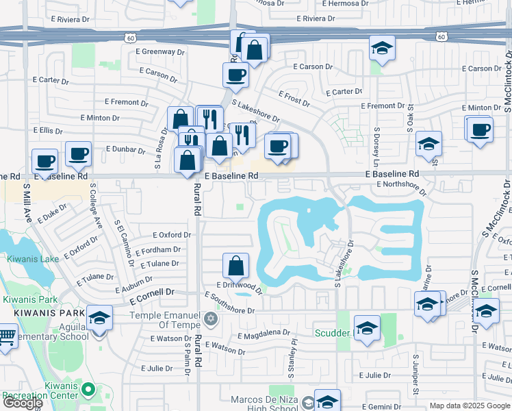 map of restaurants, bars, coffee shops, grocery stores, and more near 957 East Lamplighter Lane in Tempe
