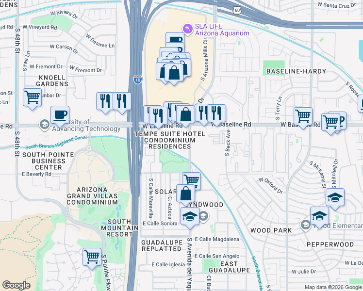 map of restaurants, bars, coffee shops, grocery stores, and more near 5300 South Priest Drive in Guadalupe