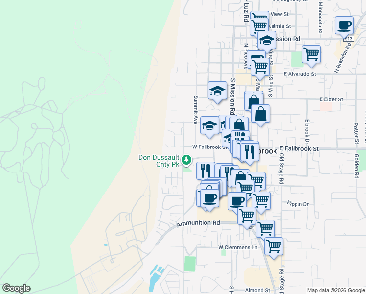 map of restaurants, bars, coffee shops, grocery stores, and more near 596 West Fallbrook Street in Fallbrook