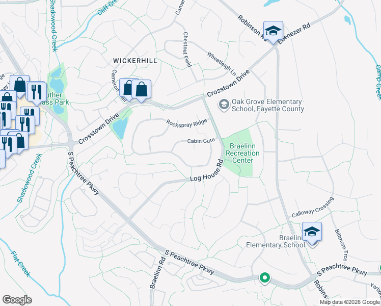 map of restaurants, bars, coffee shops, grocery stores, and more near 104 Cherry Hollow in Peachtree City