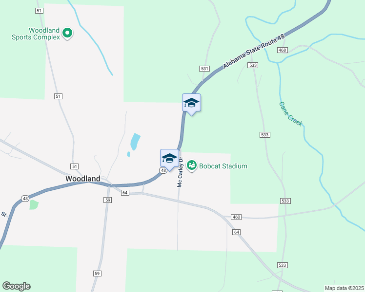 map of restaurants, bars, coffee shops, grocery stores, and more near 24775 Alabama 48 in Woodland
