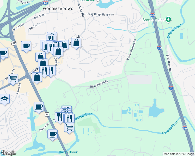 map of restaurants, bars, coffee shops, grocery stores, and more near 2480 River Haven Lane in Birmingham