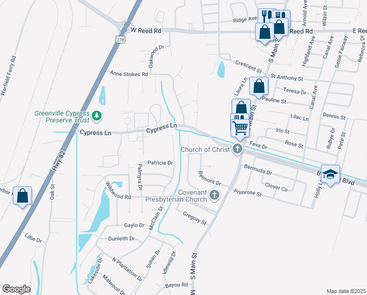 map of restaurants, bars, coffee shops, grocery stores, and more near 1724 McClain Drive in Greenville