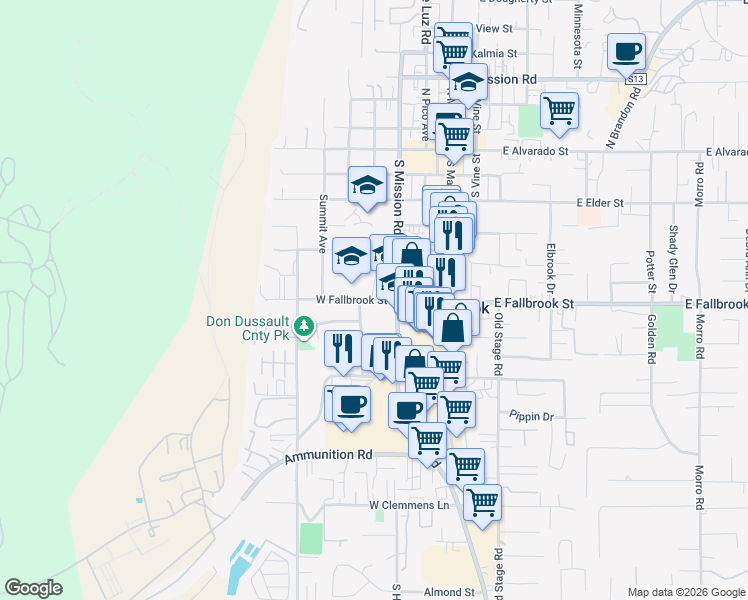 map of restaurants, bars, coffee shops, grocery stores, and more near 422 West Fallbrook Street in Fallbrook