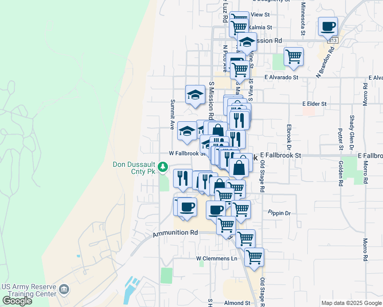 map of restaurants, bars, coffee shops, grocery stores, and more near West Fallbrook Street & South Wisconsin Street in Fallbrook