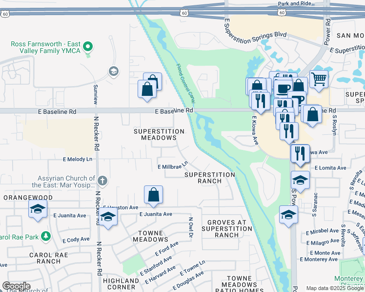 map of restaurants, bars, coffee shops, grocery stores, and more near 4352 East Santa Rosa Place in Gilbert