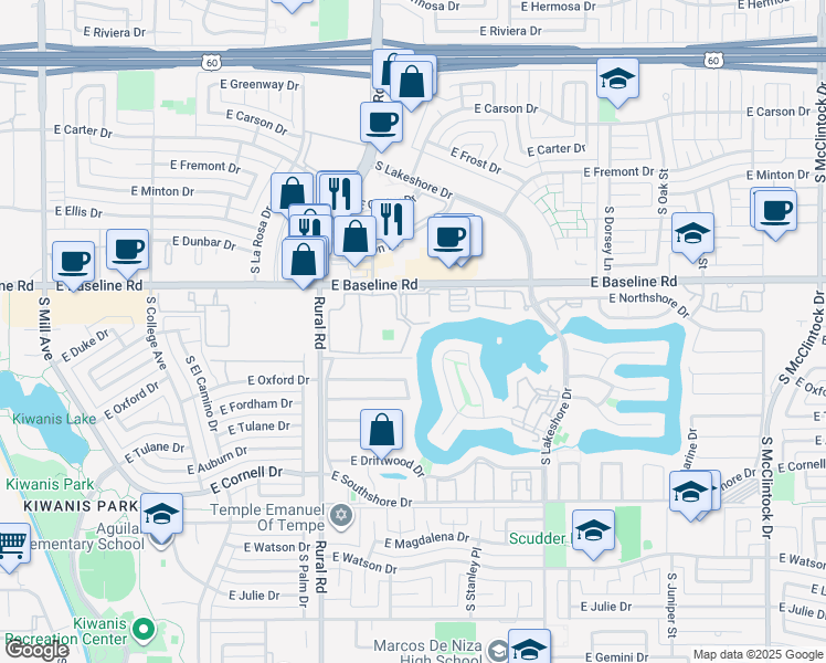 map of restaurants, bars, coffee shops, grocery stores, and more near 957 East Lamplighter Lane in Tempe