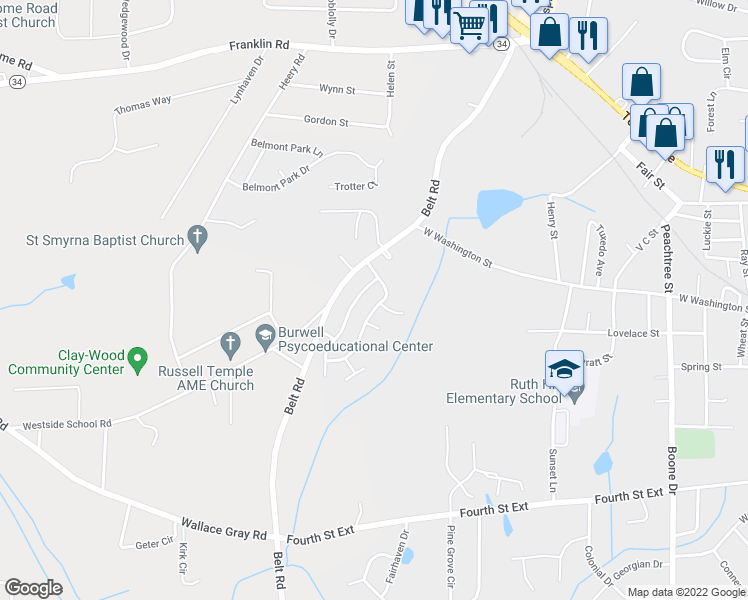 map of restaurants, bars, coffee shops, grocery stores, and more near 11 Westgate Park Lane in Newnan