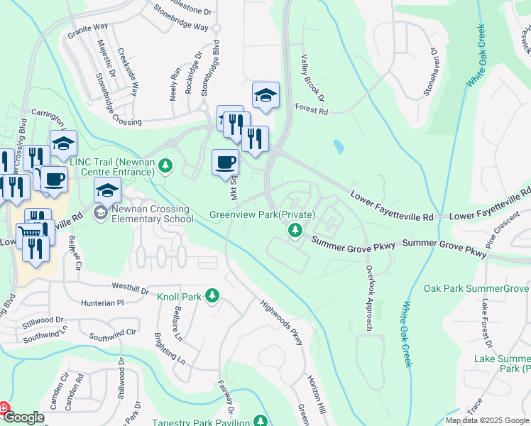 map of restaurants, bars, coffee shops, grocery stores, and more near 26 Saddlewood in Newnan