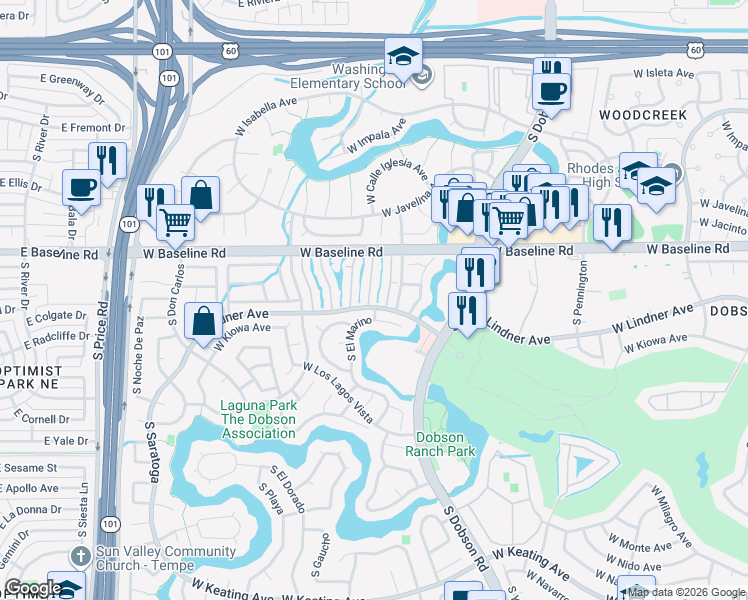 map of restaurants, bars, coffee shops, grocery stores, and more near 2232 West Lindner Avenue in Mesa