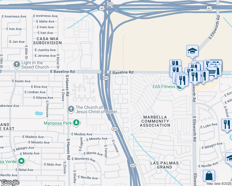 map of restaurants, bars, coffee shops, grocery stores, and more near 8710 East Kilarea Avenue in Mesa