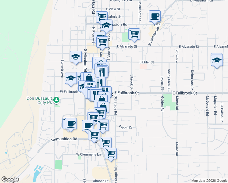 map of restaurants, bars, coffee shops, grocery stores, and more near 240 East Fallbrook Street in Fallbrook
